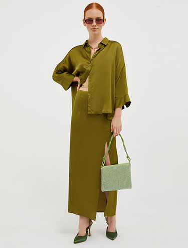 Side-slit satin skirt - olive green - MAX&Co.